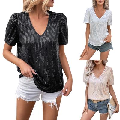 Plus Size Sequins Tops For Women Loose V Neck Short Sleeve Tunic Shirts Dressy Business Casual Party Blouse