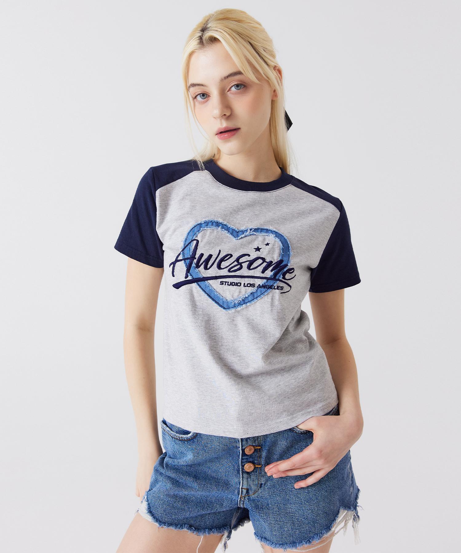 Awesome Studio Heart Denim Patch Short Sleeve T-Shirt Melange Grey White/Free