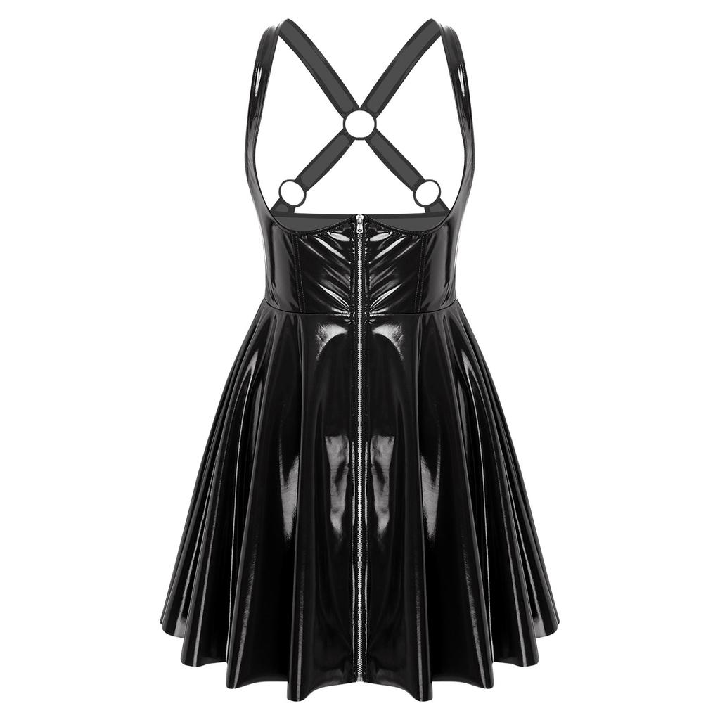 Mouwloze gothic punkjurk voor dames met lage halslijn, ritssluiting aan de voorkant, gekruiste A-lijn en glanzende wet-look, geschikt voor in de club.