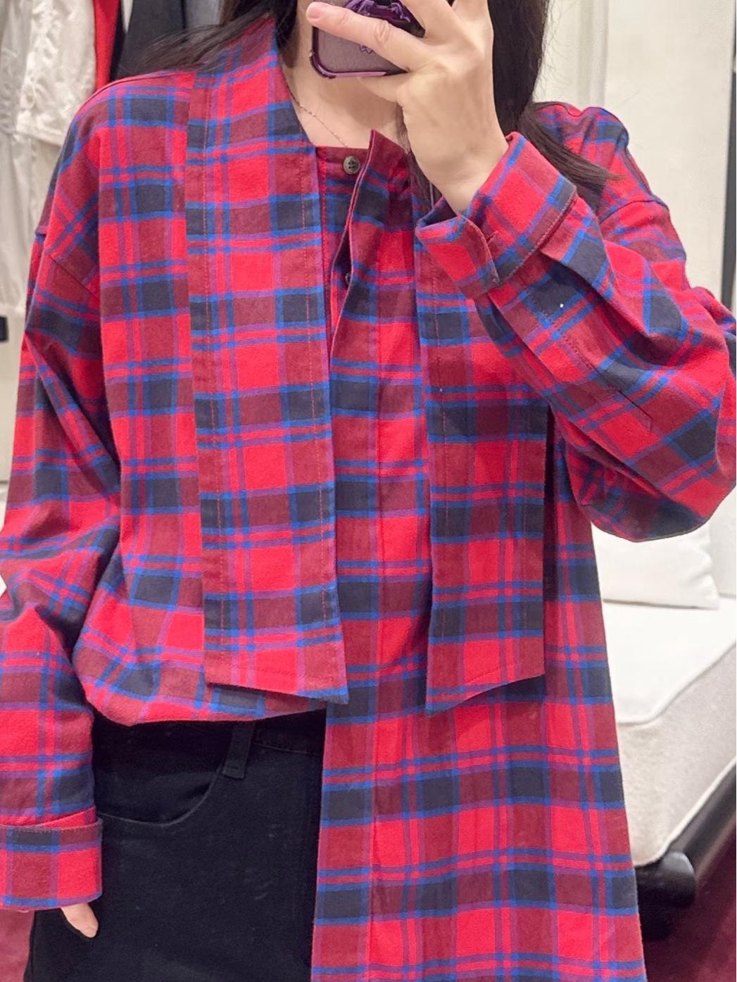Women s E*D 2026 Spring Plaid Loose Shirt with Flowy Collar & Tie Medium