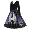 Women's Casual Halloween Printed V-Neck Zip-Up Long Sleeve Panel Swing Dress