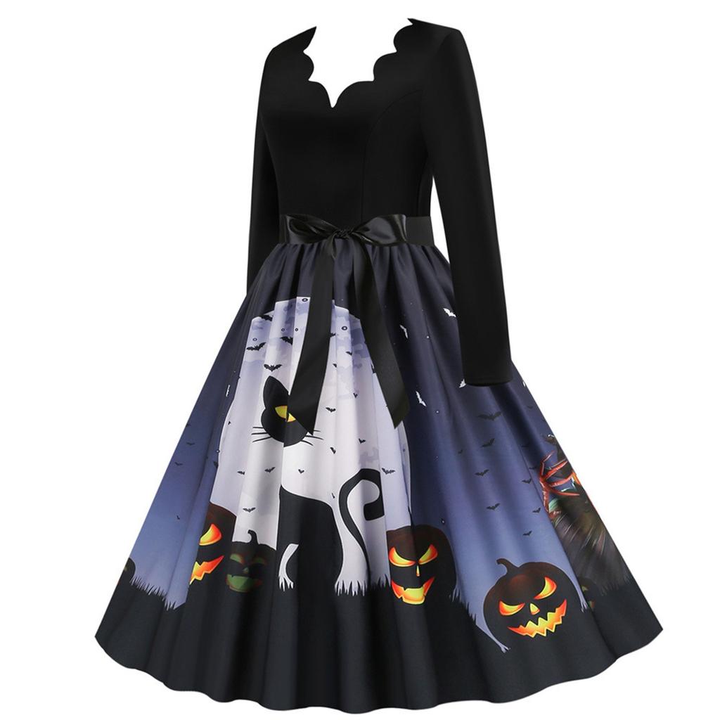 Women's Casual Halloween Printed V-Neck Zip-Up Long Sleeve Panel Swing Dress