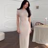 2024 Summer European & American Round Neck Slim Fit Long Dress - Solid Color Hot Girl Style