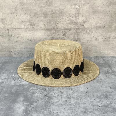 Internet Celebrity Lace Circle Flat Top Straw Hat Women'S Summer British Sunscreen Top Hat Casual Vacation Straw Visor