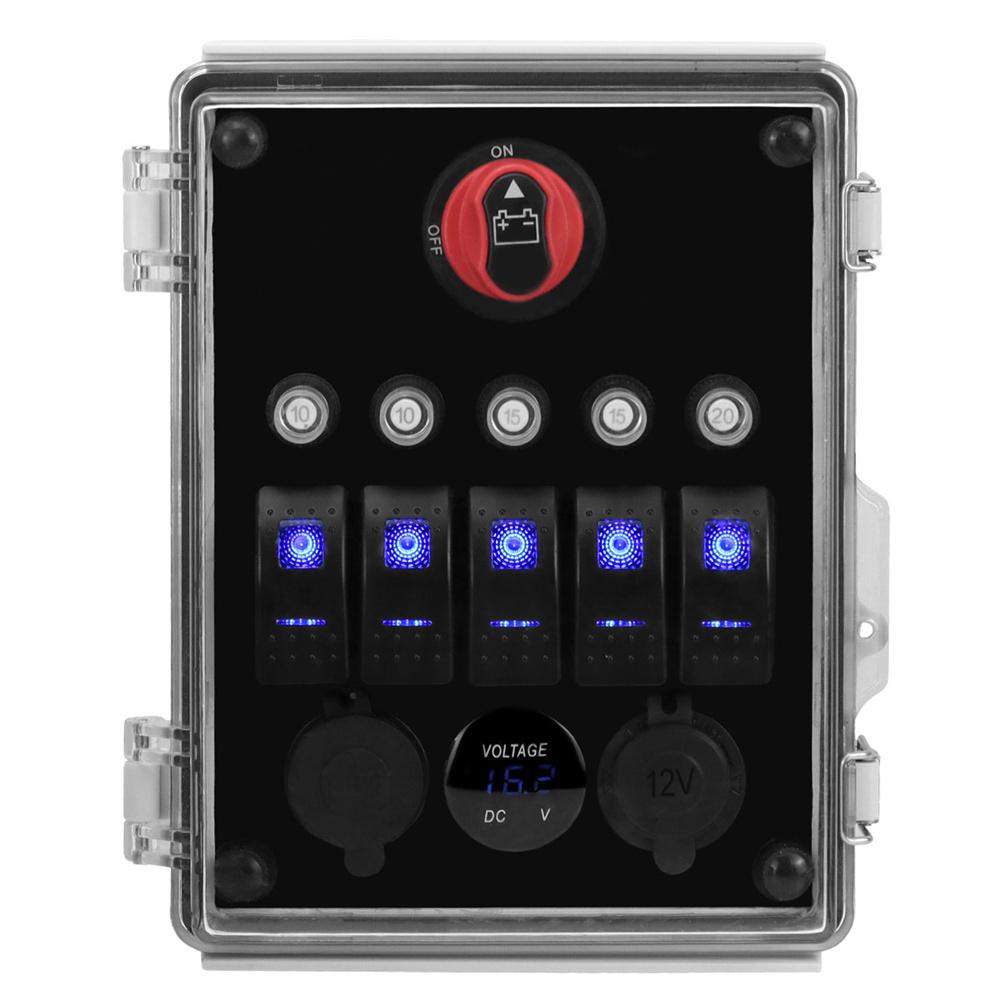 12V 20A 5 Gang Marine Rocker Switch Panel Waterproof Circuit Box LED Voltmeter