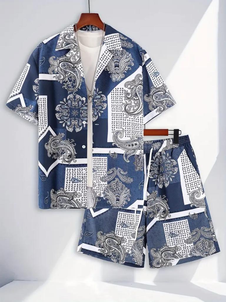 Men's Summer Paisley Pattern 3D Print Shirt and Shorts Set, Vintage Ethnic Style Hawaiian Shirt