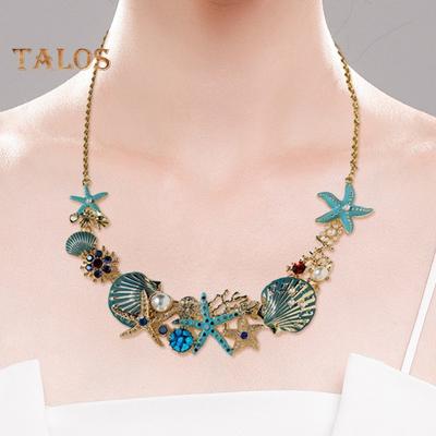 Exaggerated Women Necklace Ocean Theme Starfish Coral Shell Faux Pearl Rhinestone Decor Adjustable Length Lady Vacation Beach Neck Jewelry