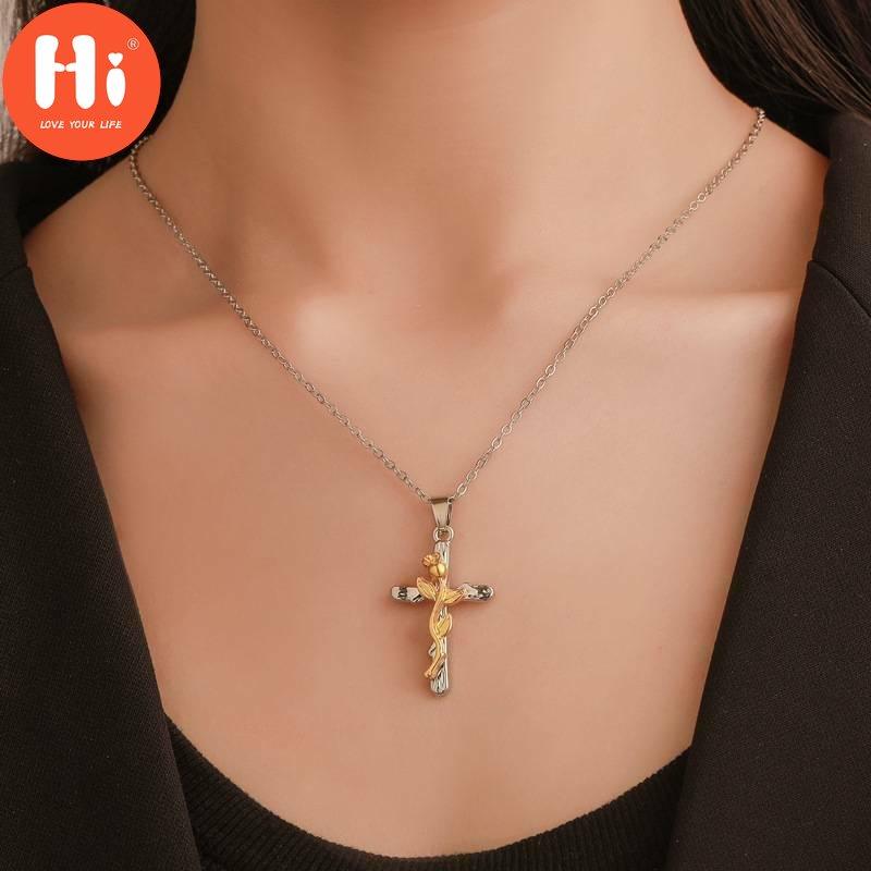 Hi Rose Flower Cross Pendant Chain Necklace Jewelry Gift for Women Jewelry Gift