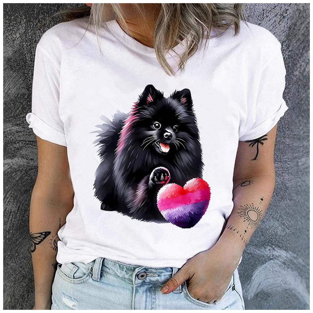 Unisex 100% Polyester Summer Top Black Pomeranian dog Print Loose round Neck Short Sleeve Fashion for Lovers