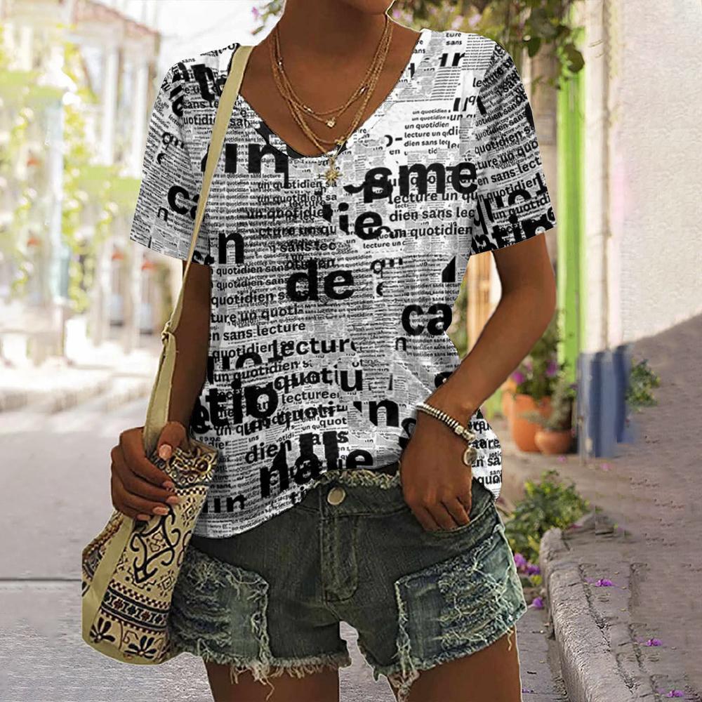 S-8XL Plus Size Vintage Black and White Letter Print Women's T-Shirts V-Neck Tops Tees Summer Casual Women's Clothing Pullover