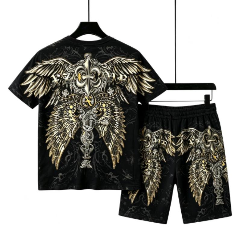 European and American Street Men's Short Sleeved T-shirt Shorts Set 3D Angel Wings Skull Print Men's and Women's Loose Casual Sports Suit