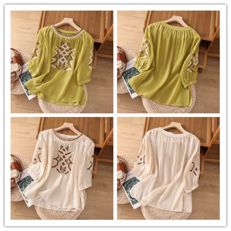 Women Summer Round Neck Three Quarter Sleeve Geometric Embroidery Casual Blouse