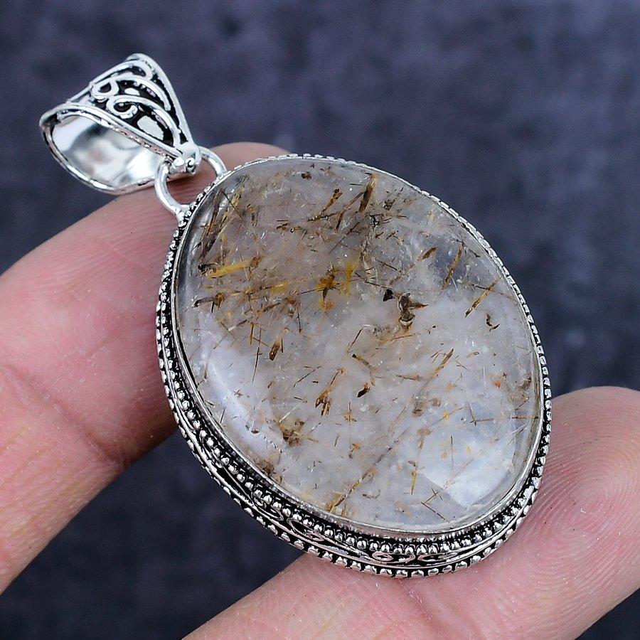 Natural Copper Rutile Gemstone 925 Sterling Silver Jewelry Pendant 2.09" ETC-14268