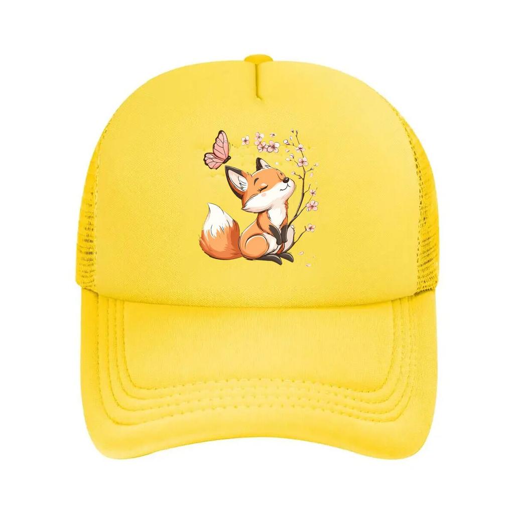 Little Fox Admiring Flowers Mesh Baseball Cap Casual Hat Outdoor For Womens Unisex FeUnisex