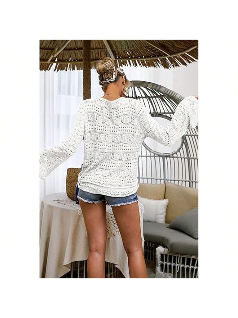 Women's Boho Off Shoulder Crochet Knit Crop Top V Neck Bell Sleeve Ruched Sweater