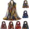Leaf Print Polyester Muslim Scarf Year Round Vintage Color Block Bohemian Shawl Women's Warm Hijab Scarf