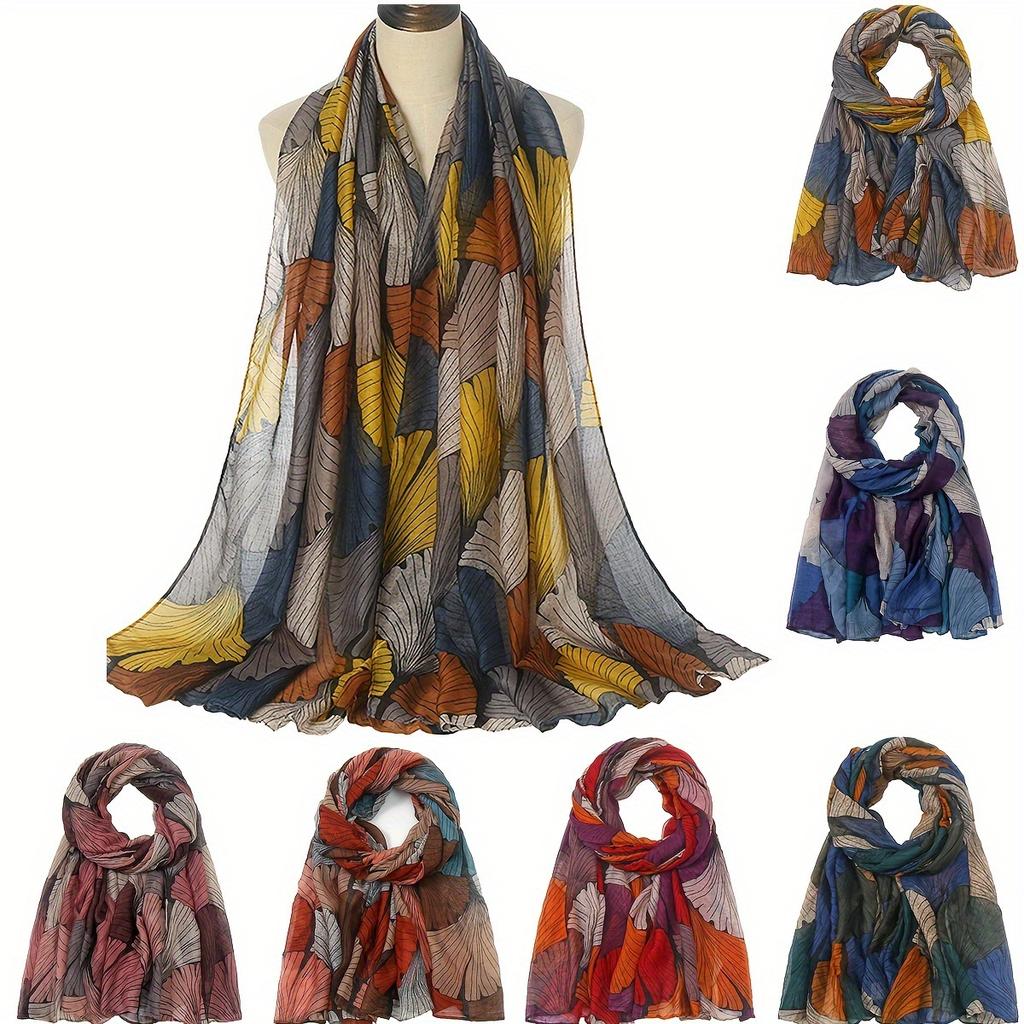 Leaf Print Polyester Muslim Scarf Year Round Vintage Color Block Bohemian Shawl Women's Warm Hijab Scarf