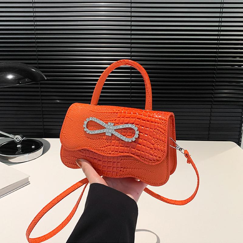 PU Leather Alligator Pattern Small Square Handbag Bow Design Women's Solid Color Fashion Shoulder Crossbody Bag AVE