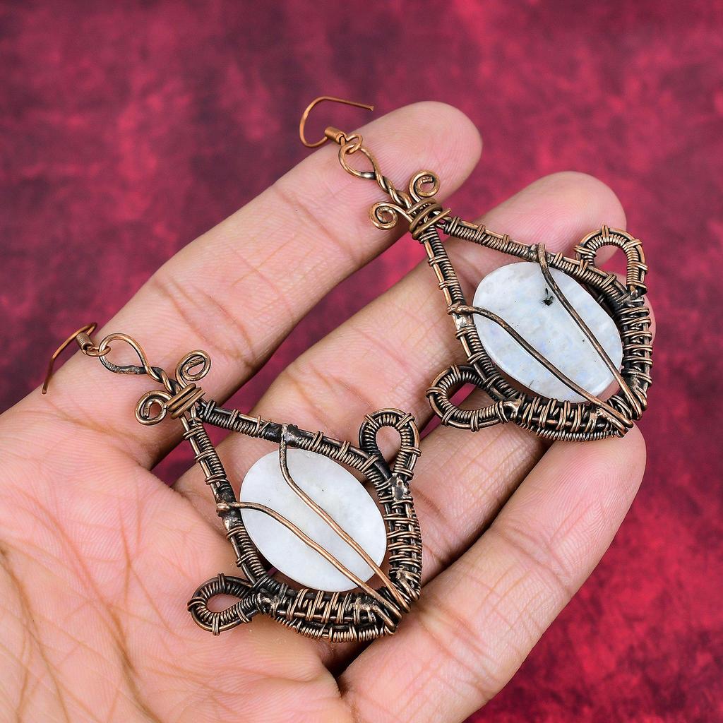 Rainbow moonstone earring copper wire wrapped earring handmade copper jewelry natural gemstone earrings wire weaving jewelry gifts for women