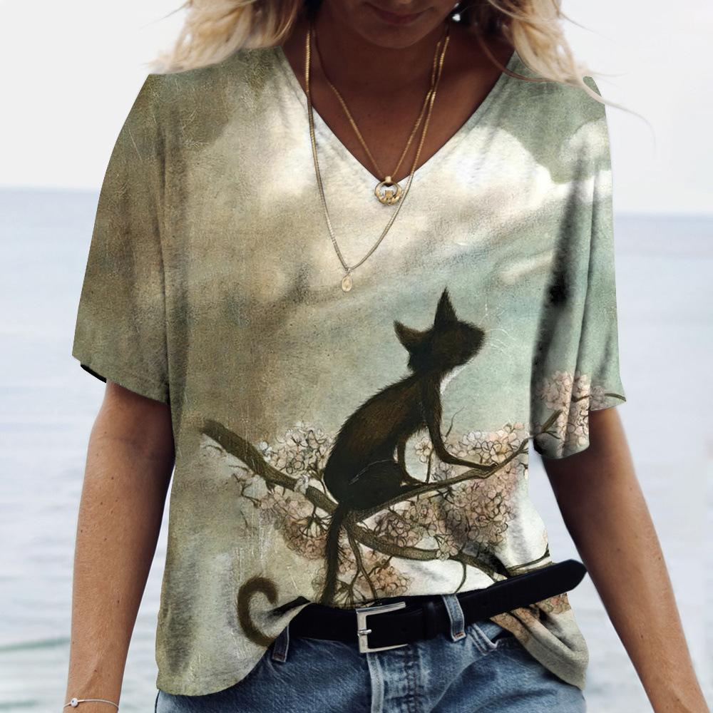 2025 Summer New 3D Cat Print Tee Loose Retro Women's V-neck Short Sleeved Street Style T-shirt Casual Top