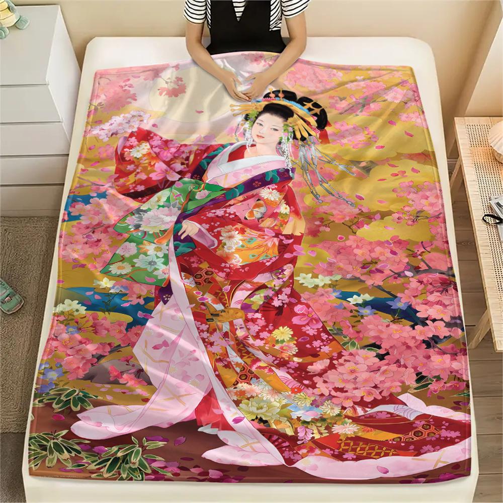 1Pc Japanese Pattern Print Flannel Blanket, High Quality Comfortable for All Seasons, Home Decor, Warmth and Comfort, Perfect for Christmas Gifts