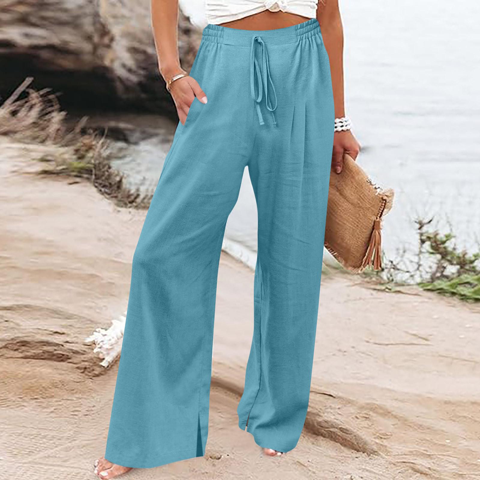 

Льняные брюки, женские удобные струящиеся широкие брюки, летние пляжные брюки-палаццо с высокой талией и карманами S