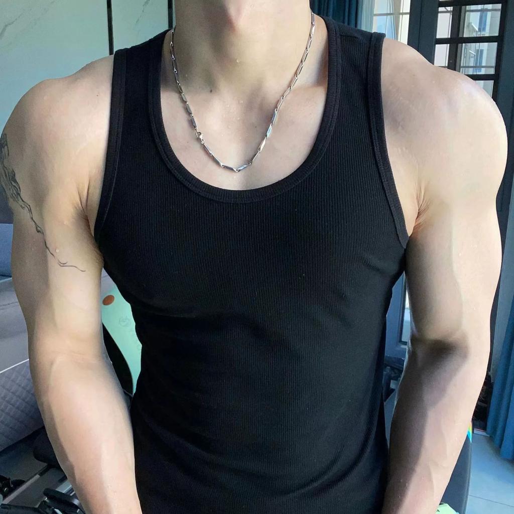 Men's Vest Fitness Elastic Cotton Vest Thickened Coarse Ribbed 230g 2X2 Vest American Style Sweat-Absorbent Sports Vest