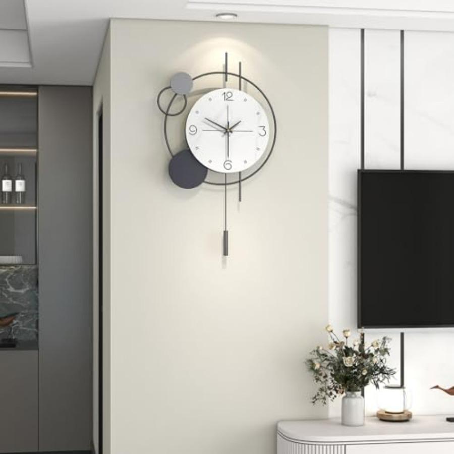 

Large Modern Black Metal Wall Clock with Pendulum Battery Operated Non Ticking 15 Inch Big Silent Clock for Living Room Kitchen чорний