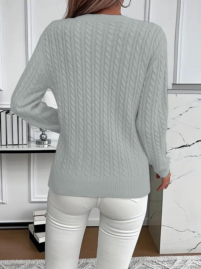 Women's Solid Color Cable Knit Crew Neck Sweater for Autumn/Winter 2025