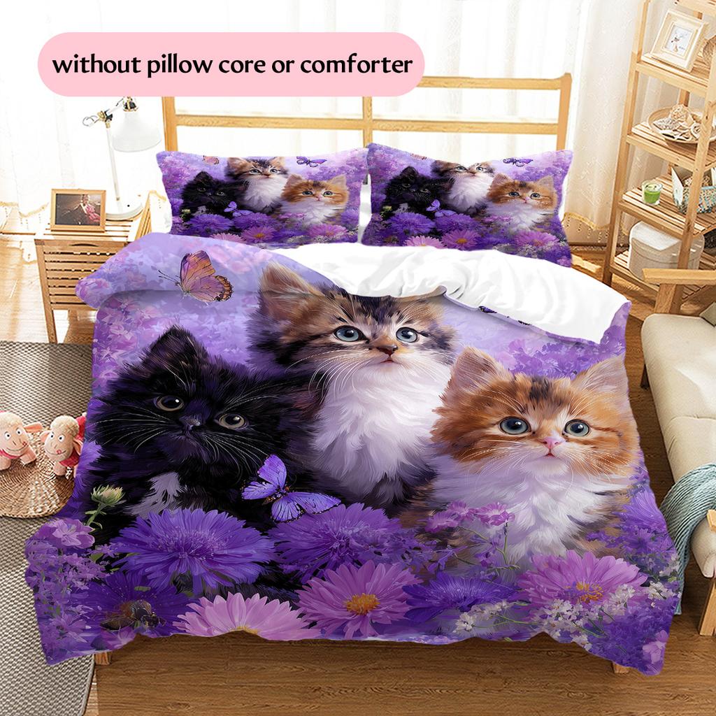 Purple Tabby Cat Pattern Bedding Quilt Set Quilt Cover Pillowcase Home Decoration Gift (1 * duvet cover + 2 * pillowcase, without core)