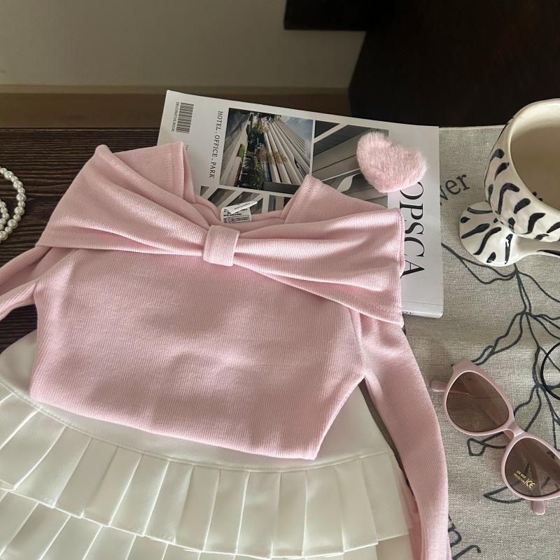 Korean Spring/Summer 2025 Girls' Bow Shirt & White Pleated Skirt Pants Set