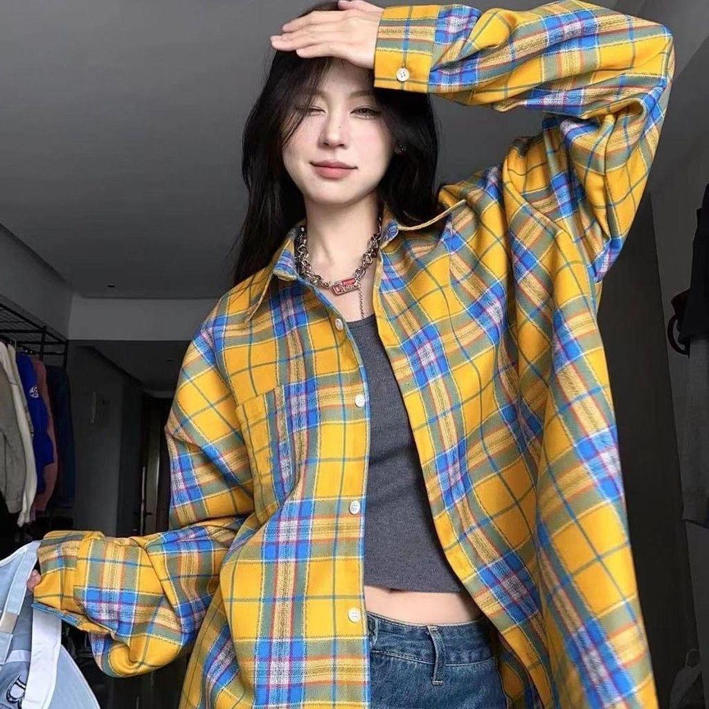 Women's Petite Yellow Plaid Long-Sleeve Shirt Jacket - American Style, Loose Fit for Spring & Autumn