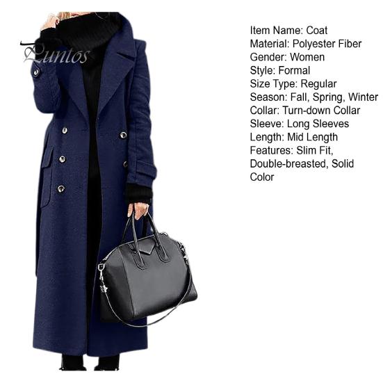 Slim Fit Lapel Coat Women Overcoat Double-breasted Turn-down Collar Cardigan Mid-calf Length Long Sleeves Pocket Jacket with Pockets OL Commuting