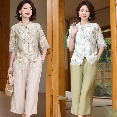 Mom's Summer Cotton-Linen Stylish Middle-aged Women's Summer Short Sleeve New Shirt
