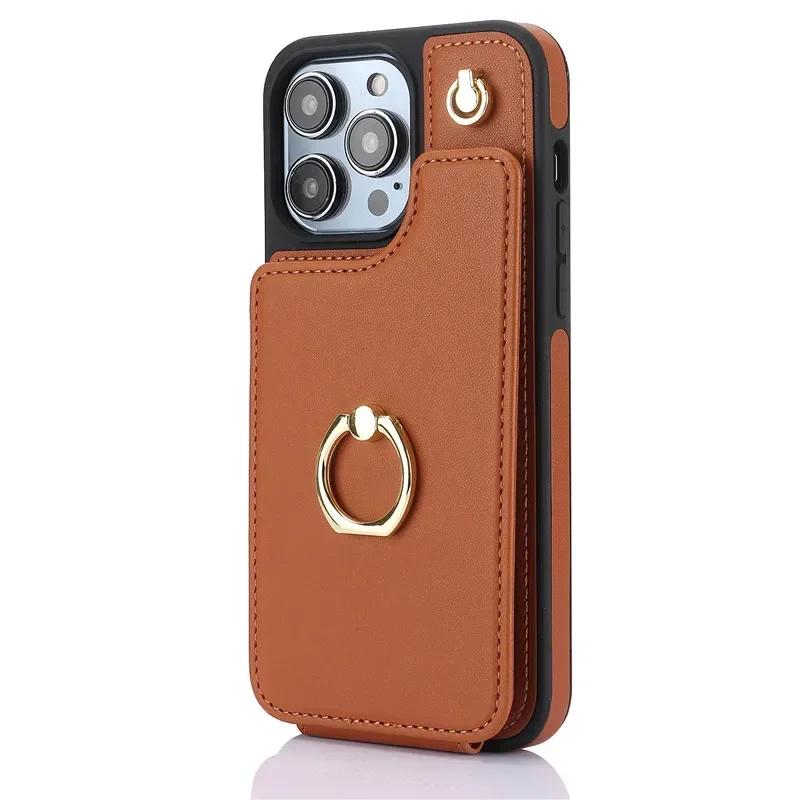 

Ring Crossbody Leather Wallet Card Solt Phone Case for iPhone 16E 16 Pro Max 15 14 Plus 13 12 11 X SE 2022 Flip Purse Cover Bag iPhone 15 коричневый