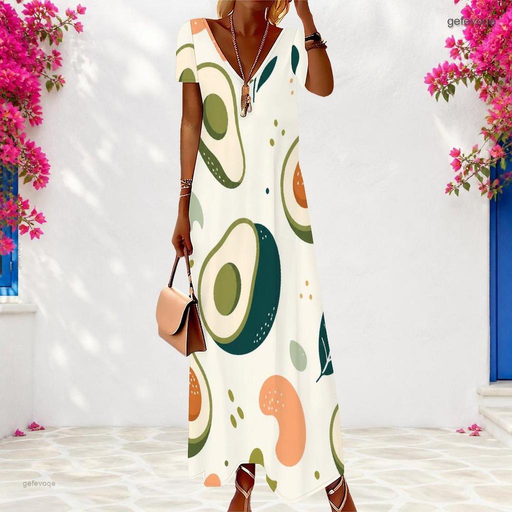 Women Plus Size V Neck Short Sleeve Fruit Printed Maxi Dress