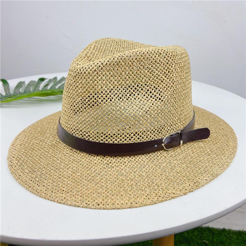 Summer Beach Leather Button Straw Hat Sun Hat Men's British Versatile Women's Hollow Sun Couple Jazz Hat