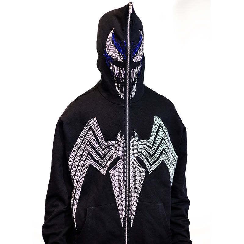 Gothic Punk Rock Hooded Sweatshirt With Spider Eye Rhinestone Embellishment Loose Fit Unisex Winter