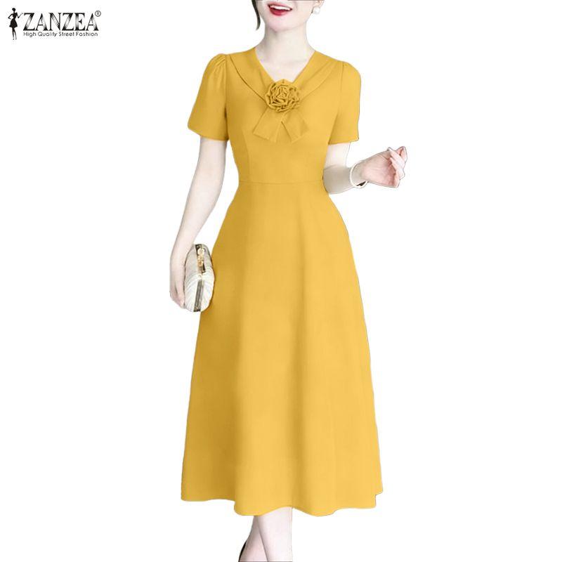 ZANZEA Women Casual V-Neck Summer Short Sleeve Loose Long Dress