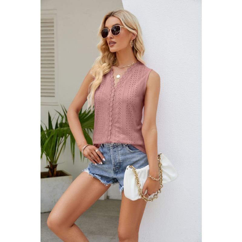 Summer Women's Clothing, Women's T-shirt, Hole Hollow V-neck, Sleeveless Splicing Tank Tops