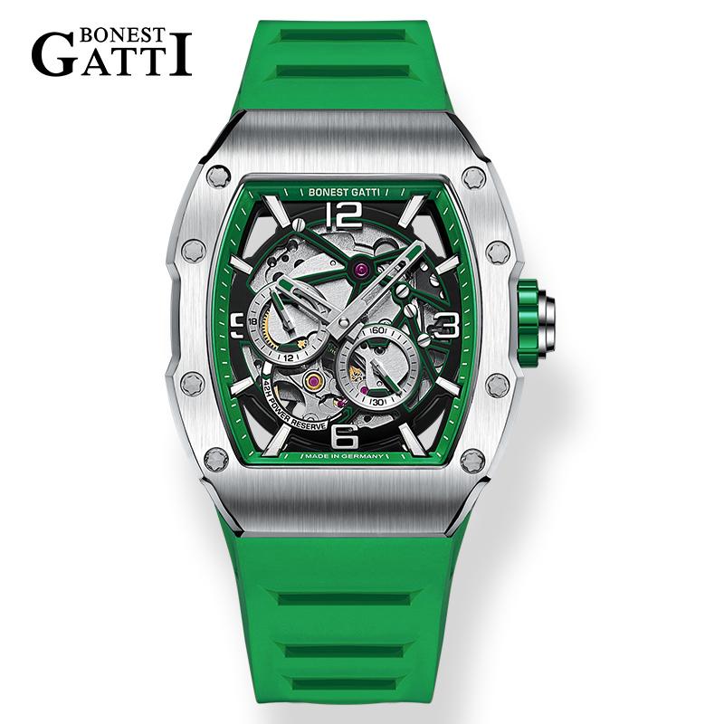 BONEST GATTI Men's Watch Qixi Festival Gift for Boyfriend German Automatic Skeleton Mechanical Luminous Tonneau Watch