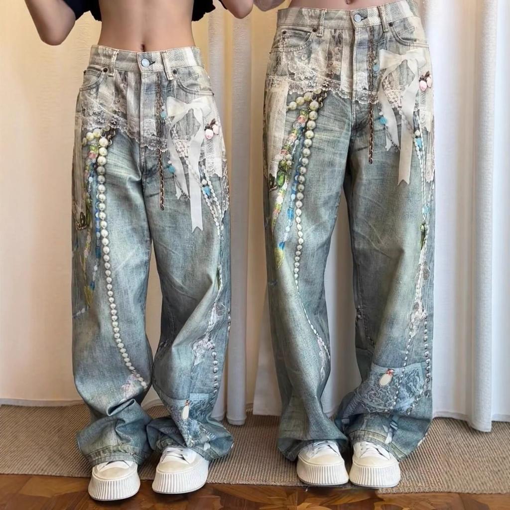 Amerikanische High Street Denim Spitze Alte Gerade Jeans Trendige Damen Vintage Waschung Weitbeinige Jeans, Bedruckte Perlen & Spitze Verzierte Freizeithosen