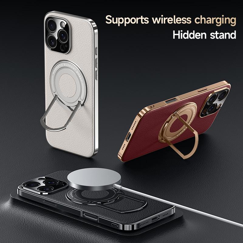Luxury Magnetic Leatherette Bracket Phone Case For IPhone 16 15 14 13 Pro Max Magsafe Wireless Charging Hidden Stand Back Cover
