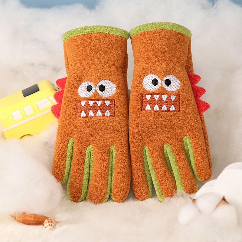 Cartoon Dinosaur Children Winter Gloves Thicken Warm Boys Girls Five Finger Gloves Kids Plush Outdoor Riding Ski Gloves