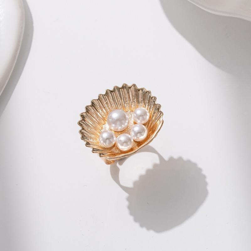 Hot Sale Imitation Pearl Open Ring Fashion Creative Geometric Ocean Vacation Conch Adjustable Jewelry