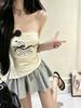 #Summer new pure desire style cartoon printing splicing bow tube top slim fit fixed with chest pad