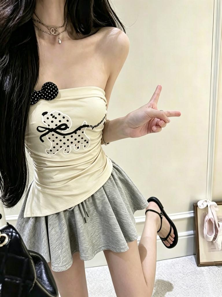 #Summer new pure desire style cartoon printing splicing bow tube top slim fit fixed with chest pad