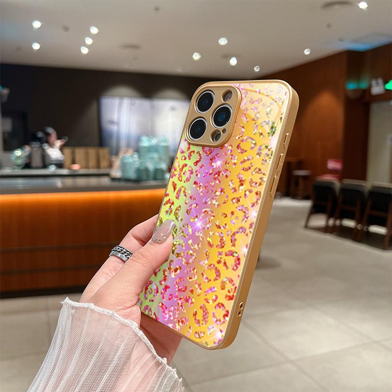 Premium electroplated glass phone case for iPhone 17, 16, 15, 14, 13, 12, 11pm Pro Plus. Iridescent leopard print gold.