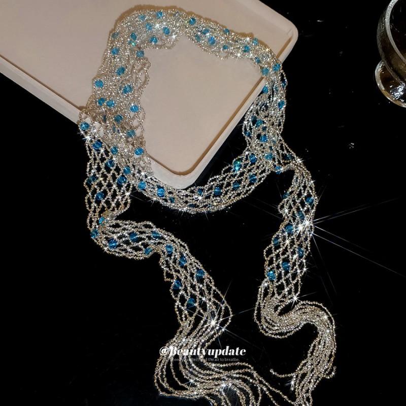 Elegant Crystal Beaded Tassel Pendant Necklace Women Gold Blue Boho Chic Long Chain Statement Jewelry