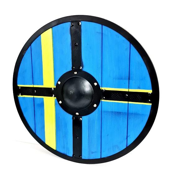 Medieval viking shield, wooden shield of ragnar viking, battles sweden flag for wall art,